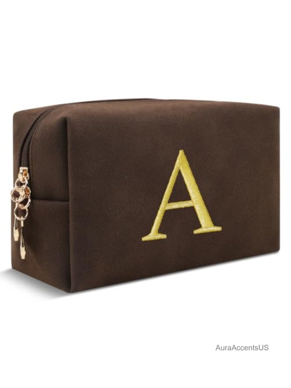 Personalized Initial Suede Cosmetic Bag Gold Embroidered Monogram Travel